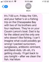 Texts From Mother: Friday the 13th & your Father's on a Fishing Trip